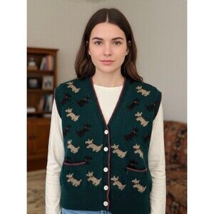 VTG Breeches Knit Shetland Type Wool Green Vest Pockets Scotties Dog Lover READ